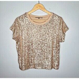 ELLIOTT LAUREN Sequin Tee Small Champagne Gold Short Sleeve Lined Party NYE